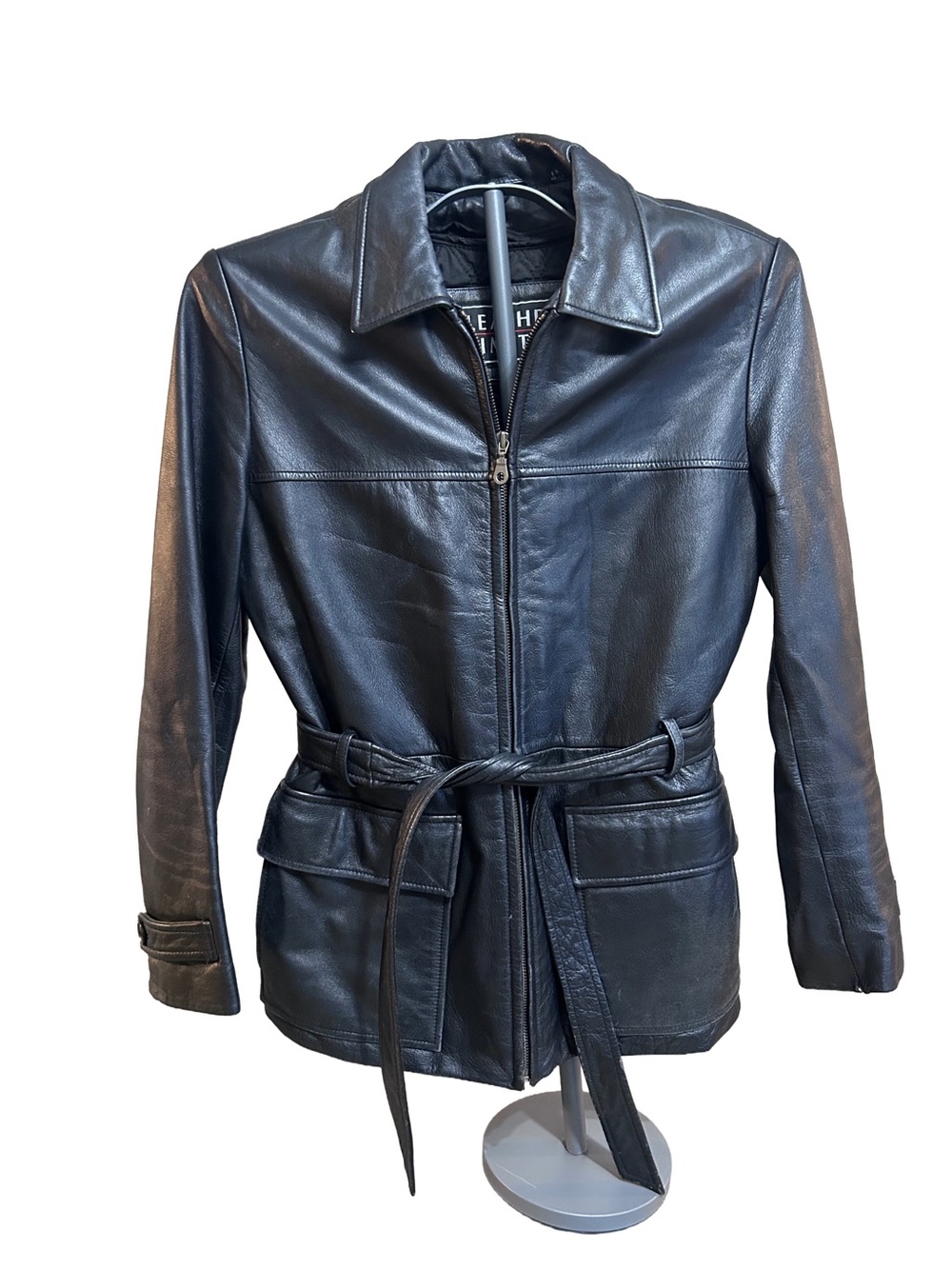 Classic Black Leather Belted Jacket - Women